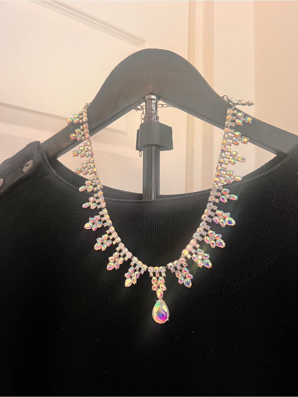 Aurora Borealis silver tone Fringe or Bib design necklace with rhinestones.